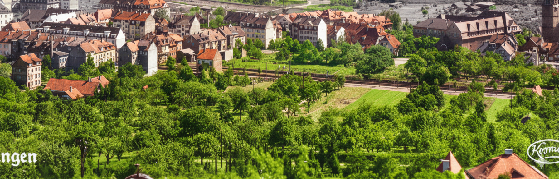 Hofäcker Maihälden 1942 - Panoramablick auf das Gebiet mit Bahnlinie und Bebauung